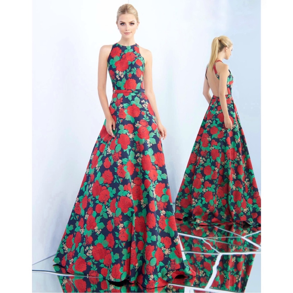 Ieena For Mac Duggal Floral High Neck A-Line Gown